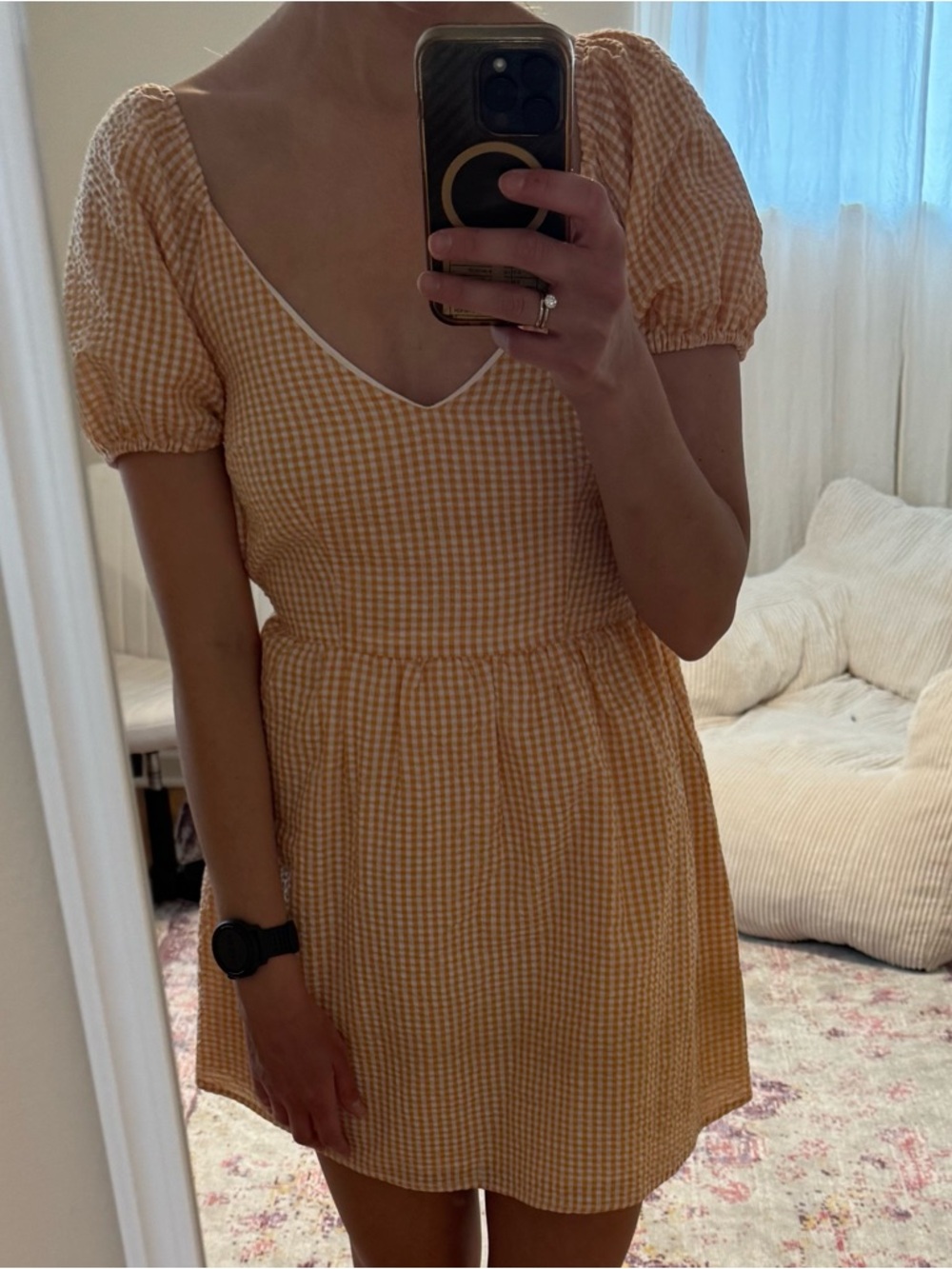 Urban Outfitters Yellow Gingham Puff-Sleeve Mini Dress